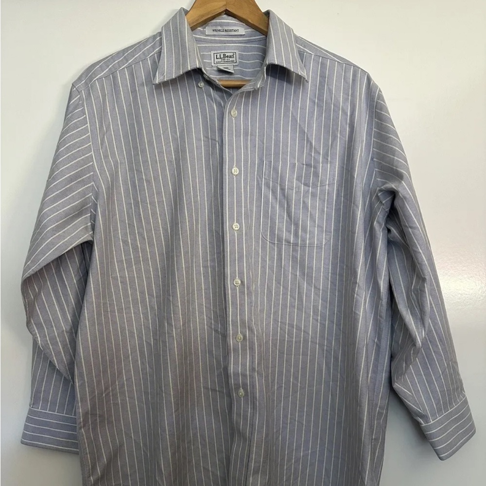 Men’s LL Bean Long Sleeve - Blue White Striped Dress Shirt 16 1/2 - 34